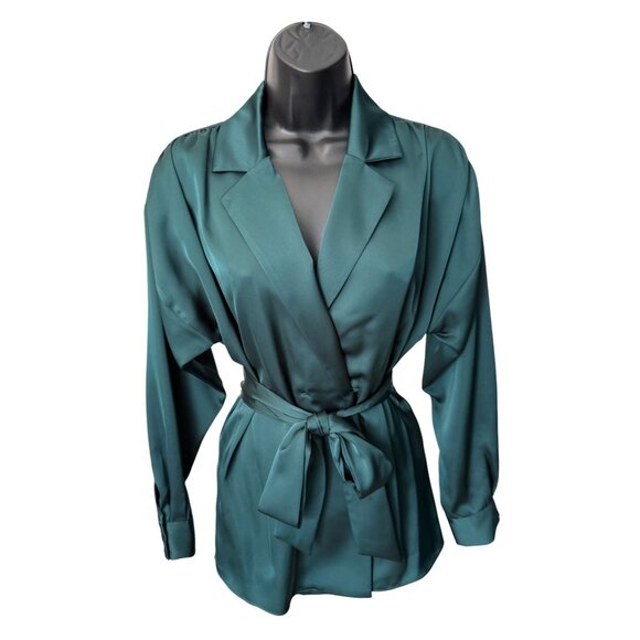 MISA Los Angeles XS Womens Emerald Green Satin Wrap Jacket Blouse Belted - Picture 3 of 11